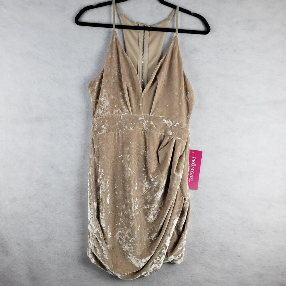 Luxxel Women's M Crushed Velvet Mini Dressโ Champagne Beige Strappy Cutout Back